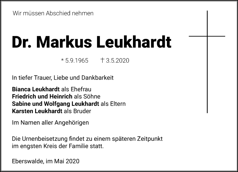  Traueranzeige für Markus Leukhardt vom 09.05.2020 aus Märkische Oderzeitung