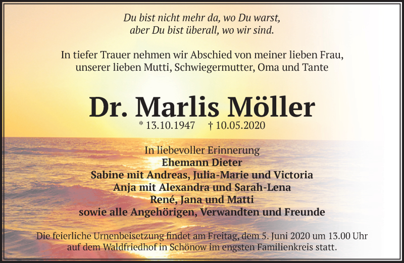  Traueranzeige für Marlis Möller vom 20.05.2020 aus Märkische Oderzeitung