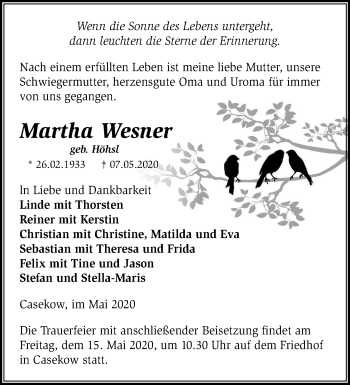 Traueranzeige von Martha Wesner von Märkische Oderzeitung