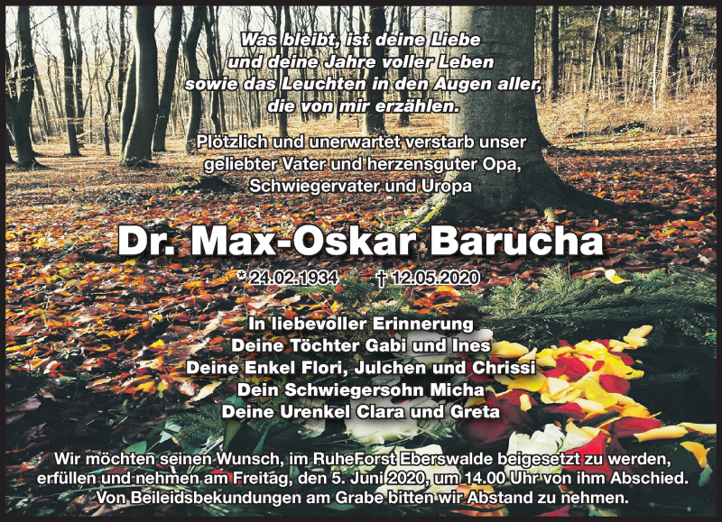  Traueranzeige für Max-Oskar Barucha vom 23.05.2020 aus Märkische Oderzeitung