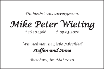 Traueranzeige von Mike Peter Wieting von Märkische Oderzeitung