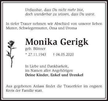 Traueranzeige von Monika Gerigk von Märkische Oderzeitung