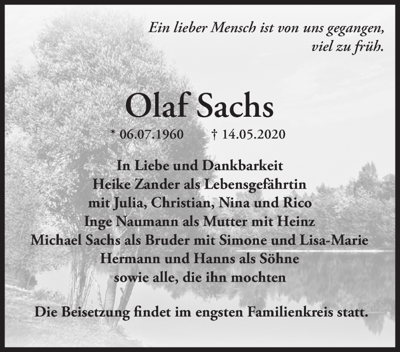  Traueranzeige für Olaf Sachs vom 23.05.2020 aus Märkische Oderzeitung