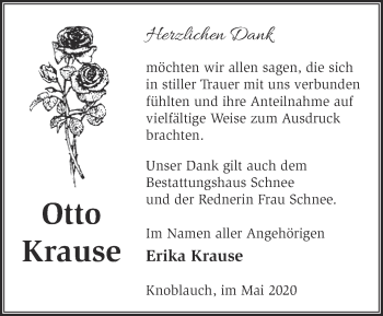 Traueranzeige von Otto Krause von Märkische Oderzeitung