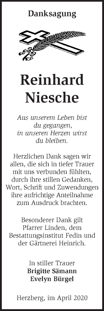 Traueranzeige von Reinhard Niesche von Märkische Oderzeitung