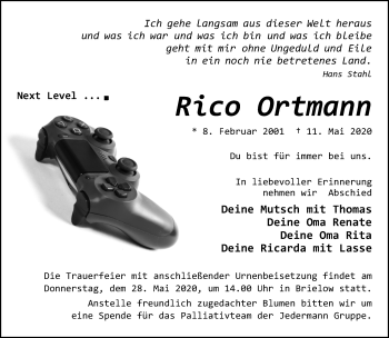 Traueranzeige von Rico Ortmann von Märkische Oderzeitung