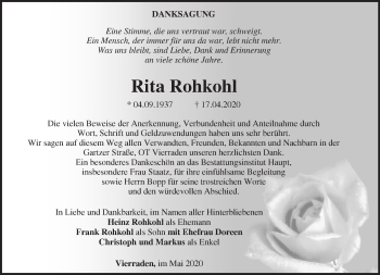 Traueranzeige von Rita Rohkohl von Märkische Oderzeitung