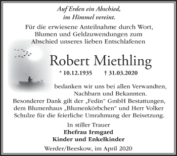 Traueranzeige von Robert Miethling von Märkische Oderzeitung