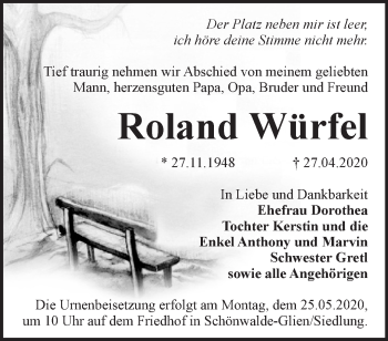 Traueranzeige von Roland Würfel von Märkische Oderzeitung