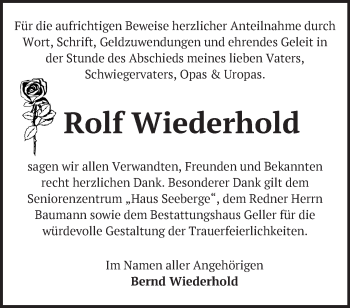 Traueranzeige von Rolf Wiederhold von Märkische Oderzeitung