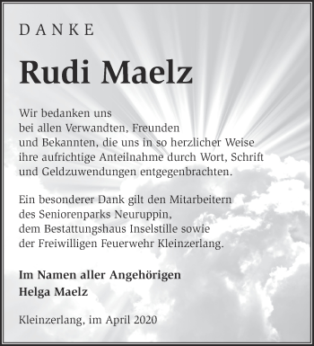 Traueranzeige von Rudi Maelz von Märkische Oderzeitung