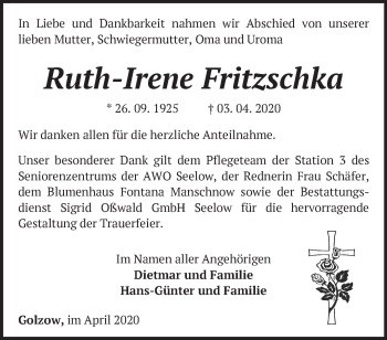 Traueranzeige von Ruth-Irene Fritzschka von Märkische Oderzeitung