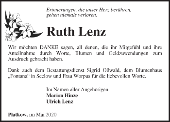 Traueranzeige von Ruth Lenz von Märkische Oderzeitung