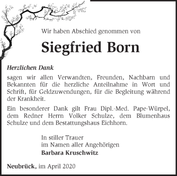 Traueranzeige von Siegfried Born von Märkische Oderzeitung