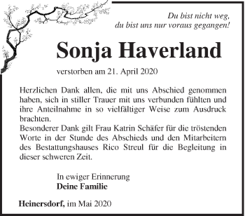 Traueranzeige von Sonja Haverland von Märkische Oderzeitung