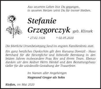 Traueranzeige von Stefanie Grzegorczyk von Märkische Oderzeitung