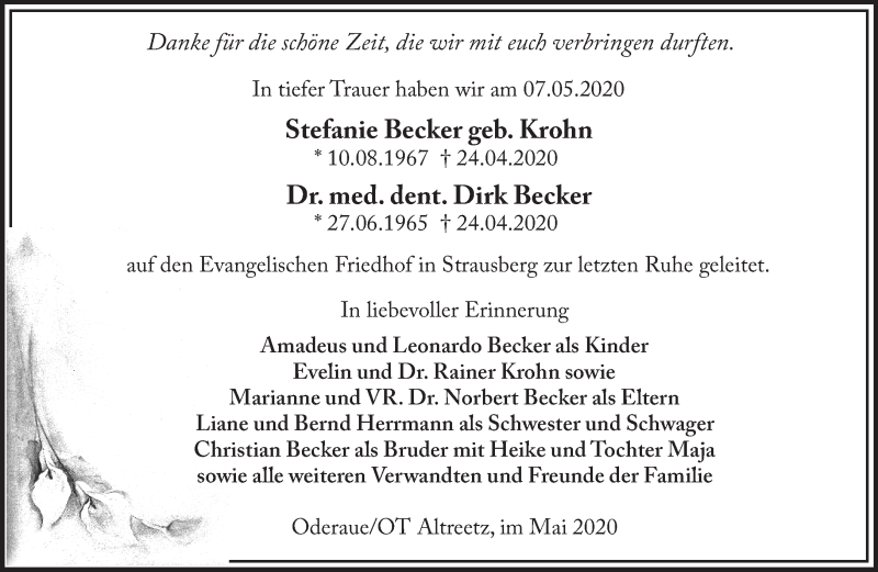  Traueranzeige für Stefanie und Dirk Becker vom 23.05.2020 aus Märkische Oderzeitung