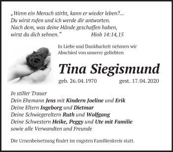 Traueranzeige von Tina Siegismund von Märkische Oderzeitung