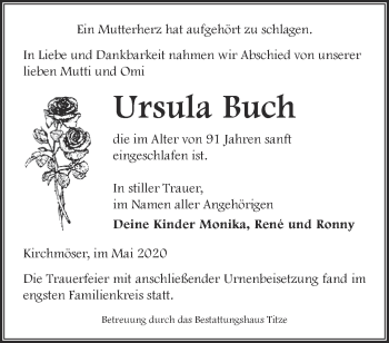 Traueranzeige von Ursula Buch von Märkische Oderzeitung