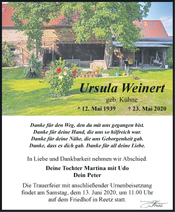 Traueranzeige von Ursula Weinert von Märkische Oderzeitung