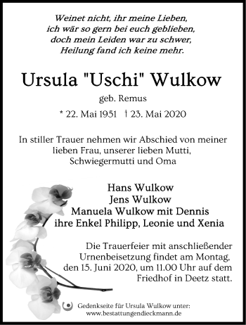 Traueranzeige von Ursula  Wulkow von Märkische Oderzeitung