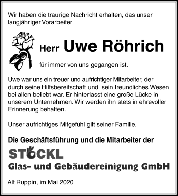 Traueranzeige von Uwe Röhrich von Märkische Oderzeitung