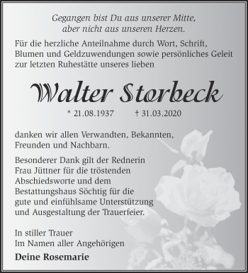 Traueranzeige von Walter Storbeck von Märkische Oderzeitung