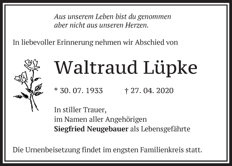  Traueranzeige für Waltraud Lüpke vom 09.05.2020 aus Märkische Oderzeitung