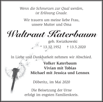 Traueranzeige von Waltraut Katerbaum von Märkische Oderzeitung