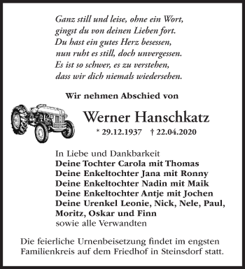 Traueranzeige von Werner Hanschkatz von Märkische Oderzeitung