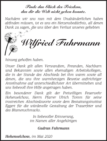 Traueranzeige von Wilfried Fuhrmann von Märkische Oderzeitung