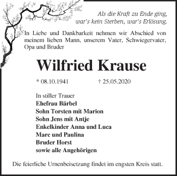 Traueranzeige von Wilfried Krause von Märkische Oderzeitung