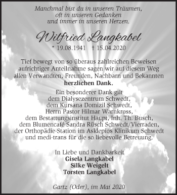 Traueranzeige von Wilfried Langkabel von Märkische Oderzeitung