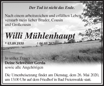 Traueranzeige von Willi Mühlenhaupt von Märkische Oderzeitung