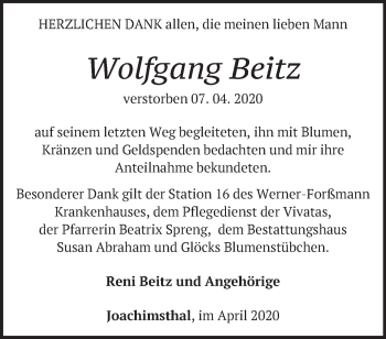 Traueranzeige von Wolfgang Beitz von Märkische Oderzeitung