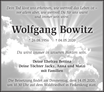 Traueranzeige von Wolfgang Bowitz von Märkische Oderzeitung