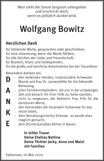 Traueranzeige von Wolfgang Bowitz von Märkische Oderzeitung