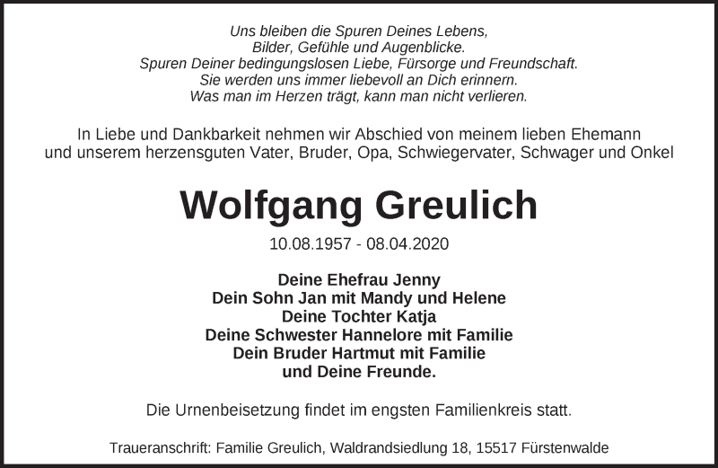  Traueranzeige für Wolfgang Greulich vom 09.05.2020 aus Märkische Oderzeitung