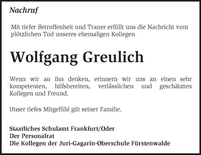  Traueranzeige für Wolfgang Greulich vom 20.05.2020 aus Märkische Oderzeitung