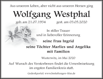 Traueranzeige von Wolfgang Westphal von Märkische Oderzeitung