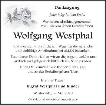 Traueranzeige von Wolfgang Westphal von Märkische Oderzeitung