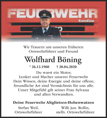 Traueranzeige von Wolfhard Böning von Märkische Oderzeitung