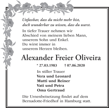 Traueranzeige von Alexander Freier Oliveira von Märkische Oderzeitung