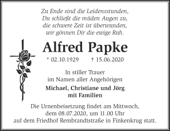 Traueranzeige von Alfred Papke von Märkische Oderzeitung