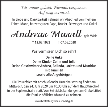 Traueranzeige von Andreas Musall von Märkische Oderzeitung