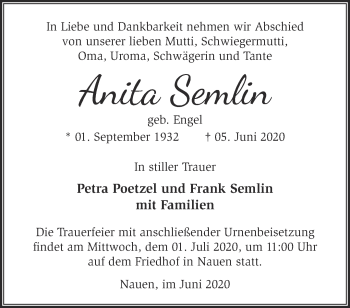 Traueranzeige von Anita Semlin von Märkische Oderzeitung