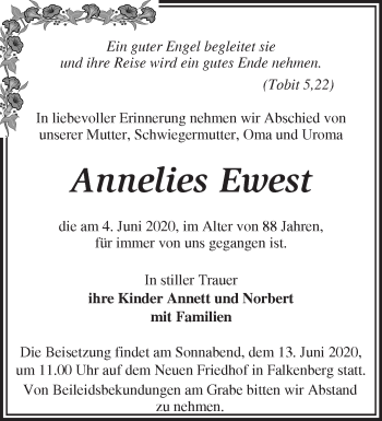 Traueranzeige von Annelies Ewest von Märkische Oderzeitung