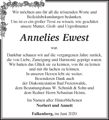 Traueranzeige von Annelies Ewest von Märkische Oderzeitung