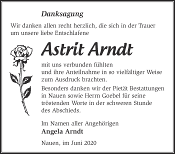 Traueranzeige von Astrit Arndt von Märkische Oderzeitung