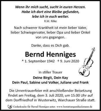 Traueranzeige von Bernd Henniges von Märkische Oderzeitung